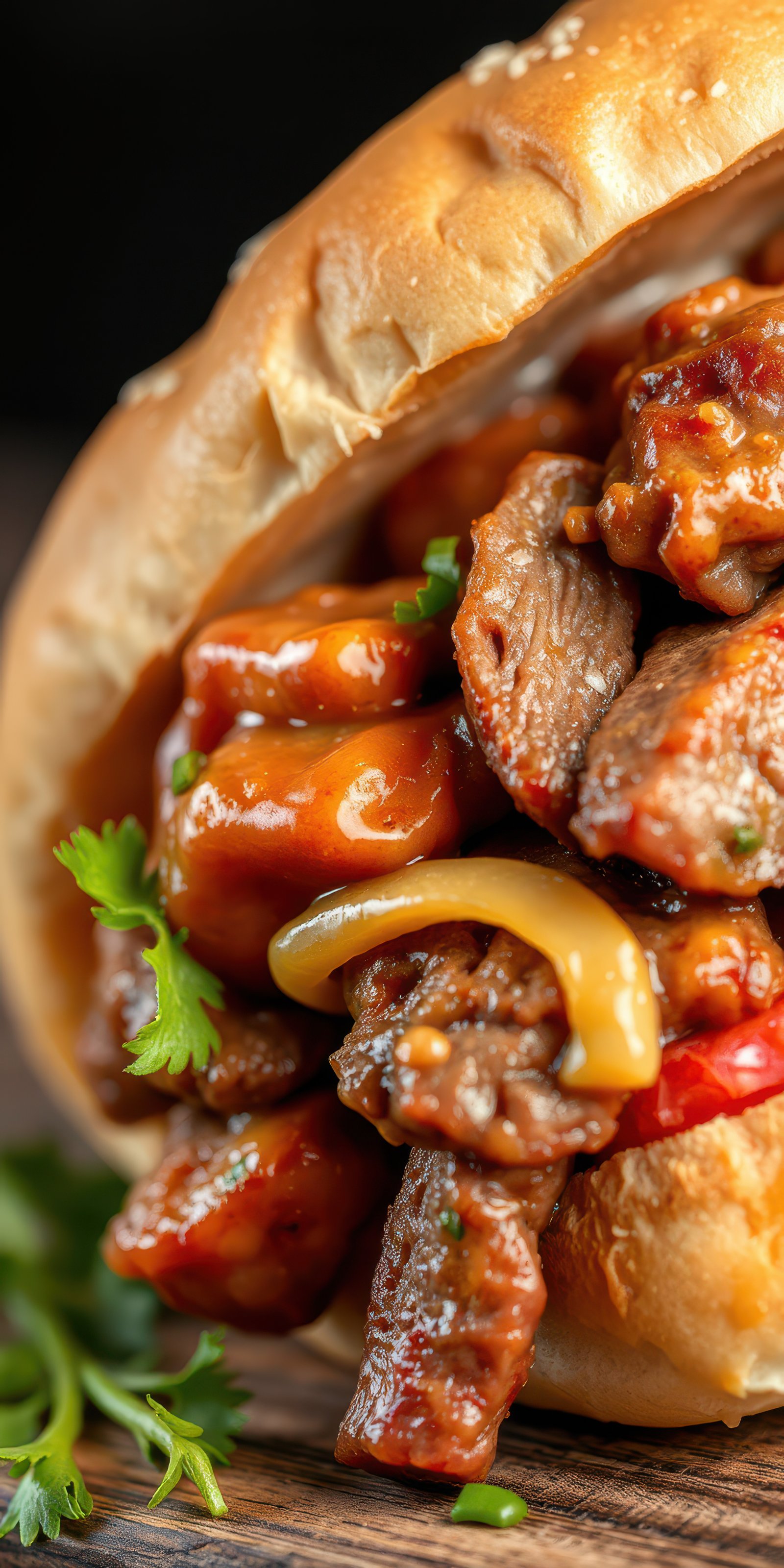 Savory meat sandwich loaded with tender beef, colorful peppers, and rich sauce served on a fresh roll